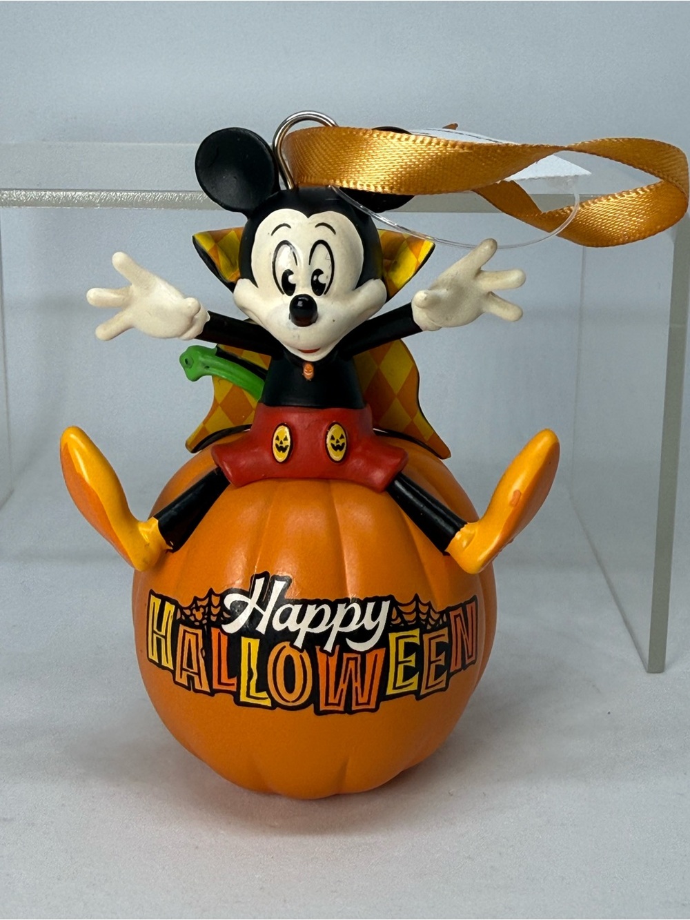 Disney Parks Mickey Mouse w/ Cape on Pumpkin Happy Halloween Ornament NEW